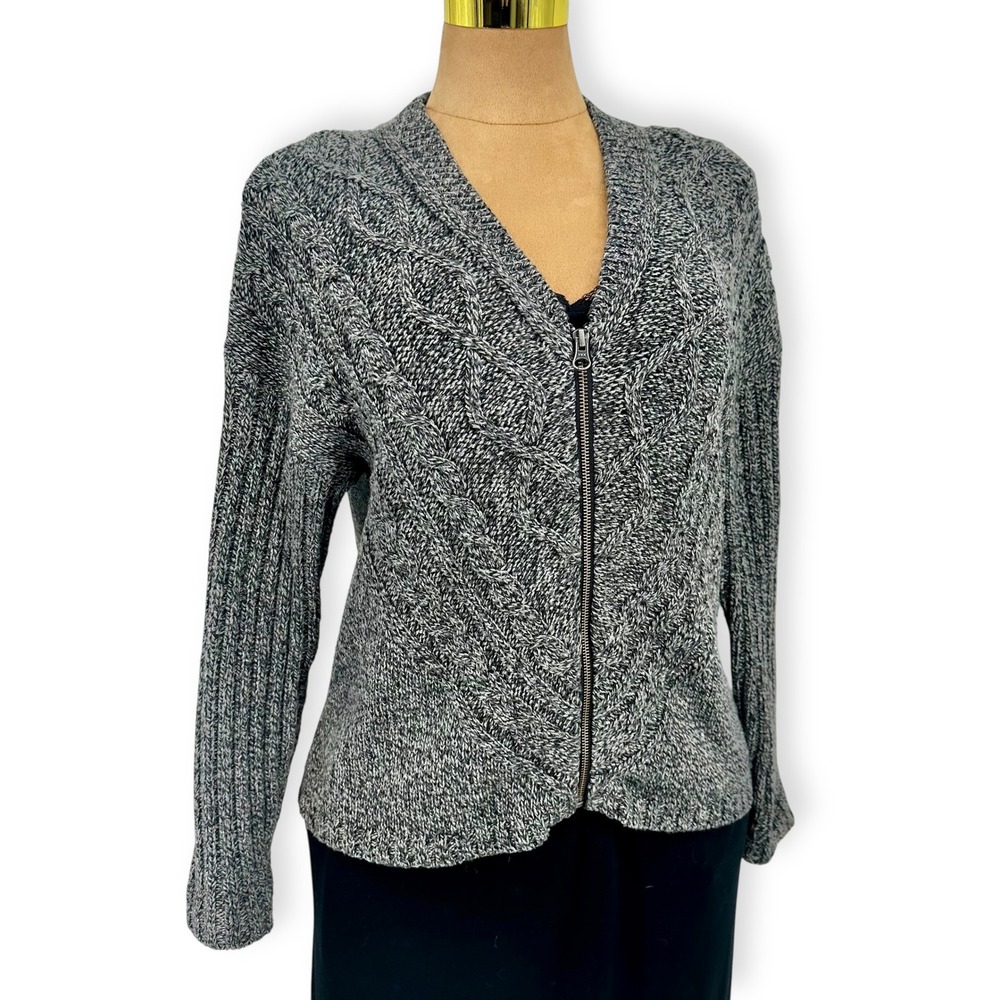 VTG Y2K Woolrich Cable Knit Cardigan Sz L Charcoal Gray Zip Merino Wool‎ Blend